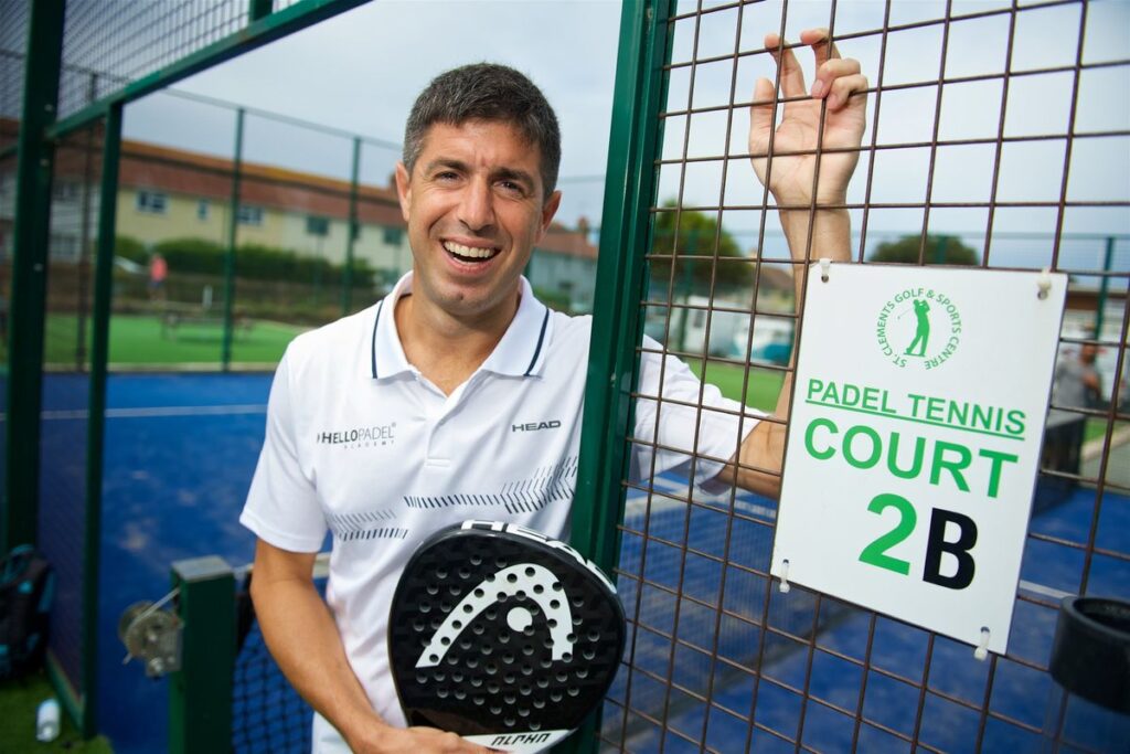Padel Tennis courts at St Clement Golf and Sports Centre. Mauri Andrini, former world champion and current GB coach (Argentinian) delivering coaching clinics (in yellow shots and whit shirt)                                                            Picture: ROB CURRIE. (31344470)