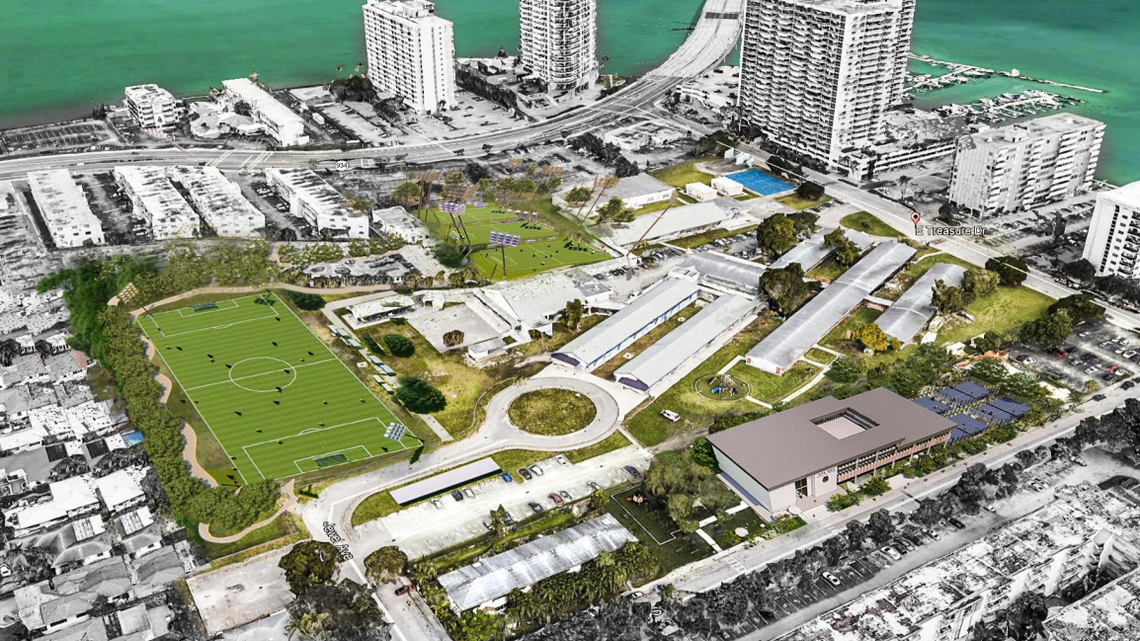 A rendering of the Argentine Football Association’s proposed soccer academy in North Bay Village next to Treasure Island Elementary School.